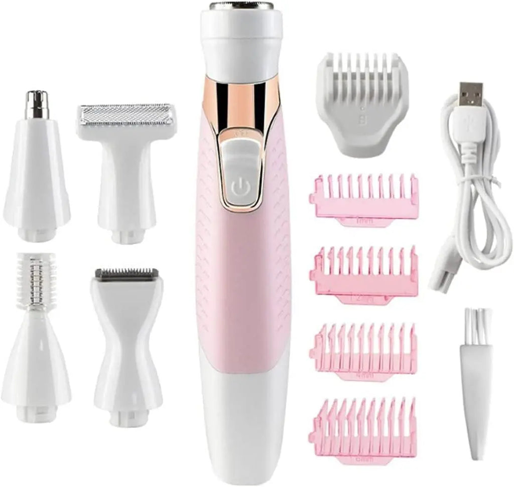Flat lay of pink and white 5-in-1 electric trimmer with cleaning brush and four comb guards