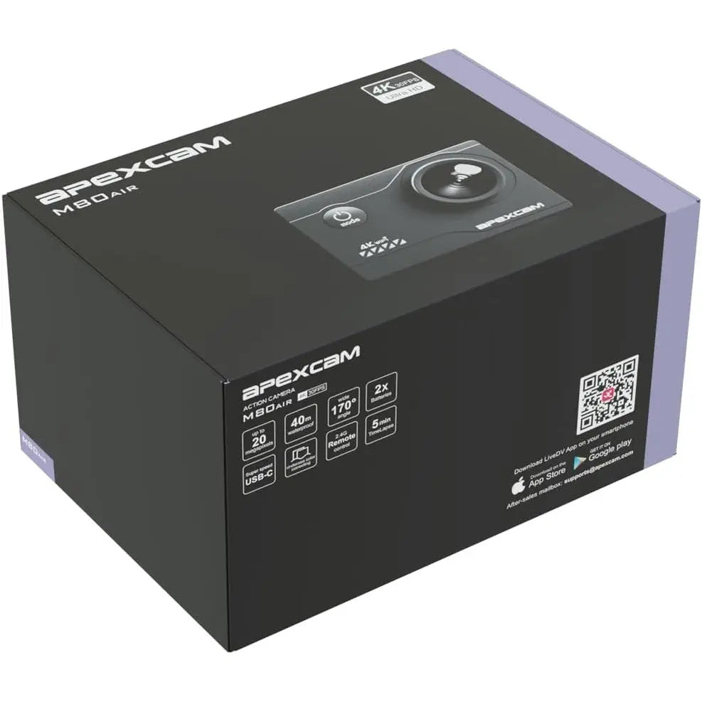 Apexcam 4K 30fps Sports Camera 170° 20MP Underwater Camera 40m, Multiple Shooting Modes with Remote Control, 2 x 1050mAh Batteries and Accessory Bag