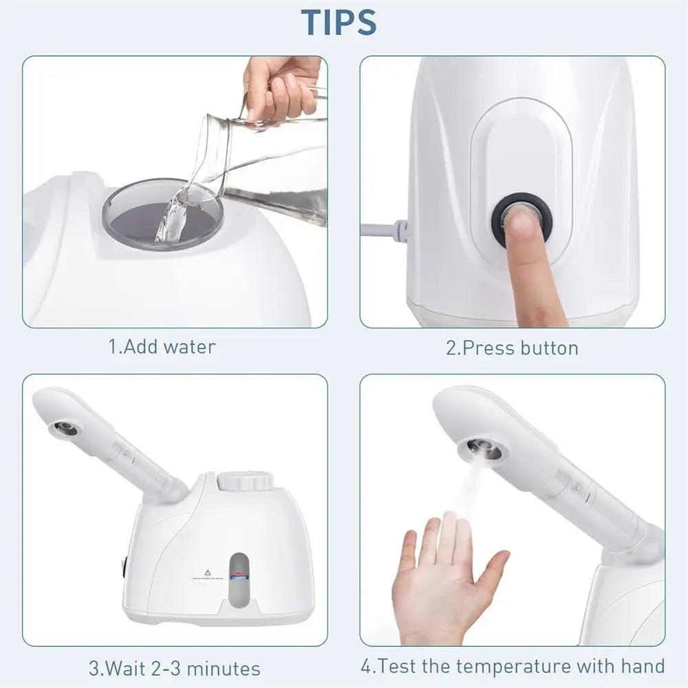 White neotimely facial steamer usage guide showing water fill line, power button, and steam emission