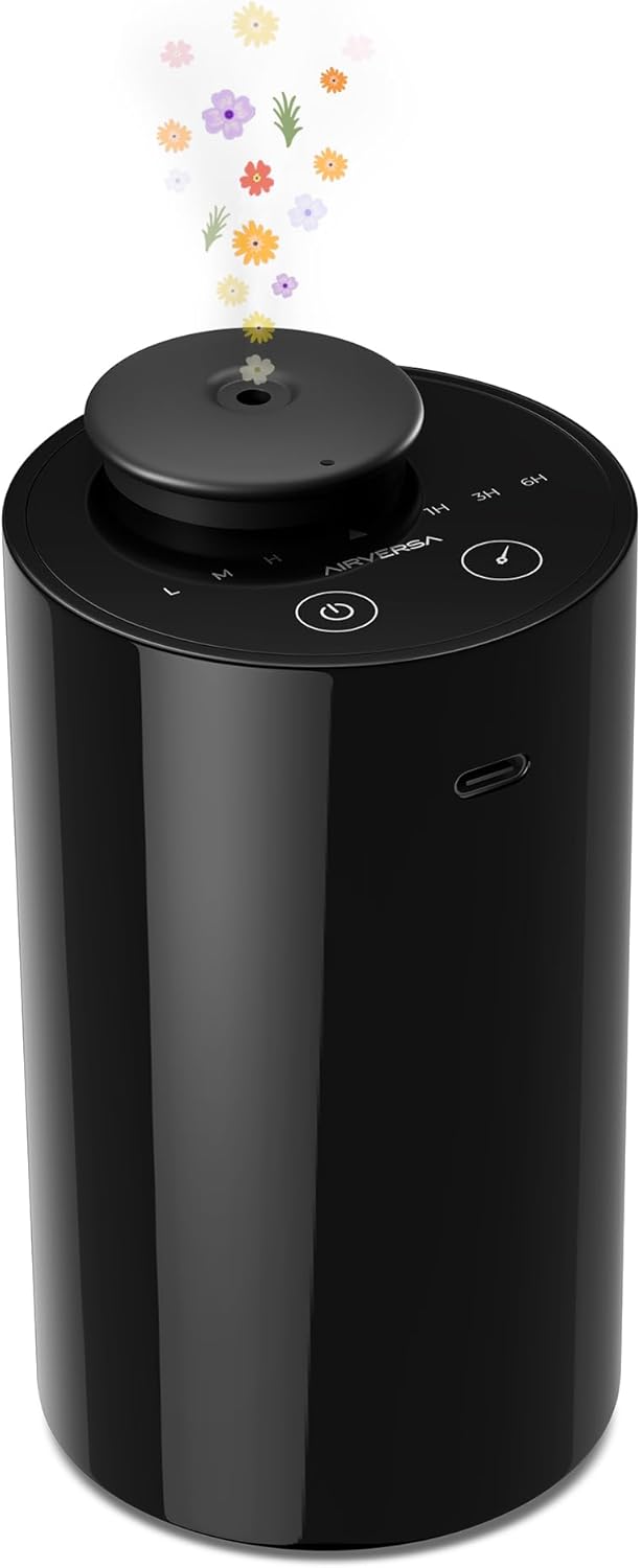 Airversa Water Free Diffuser for Essential Oils Battery Operated Mini Aroma Machine Aromatherapy 4 Timers 3 Steam Levels for Home Car Office AN6 Black