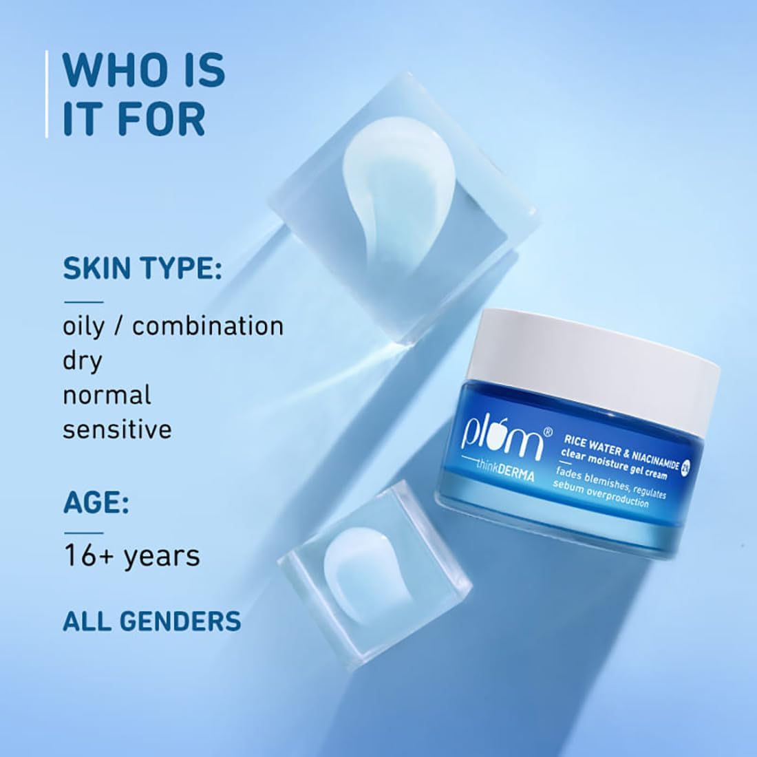 Plum 2% Niacinamide & Rice Water Super Light Gel Cream Moisturizer for Face | Oil-Free Hydration | Brightens, Fades Blemishes | Dermat-Tested | All Skin Types | Women & Men | 100% Vegan | 50 g