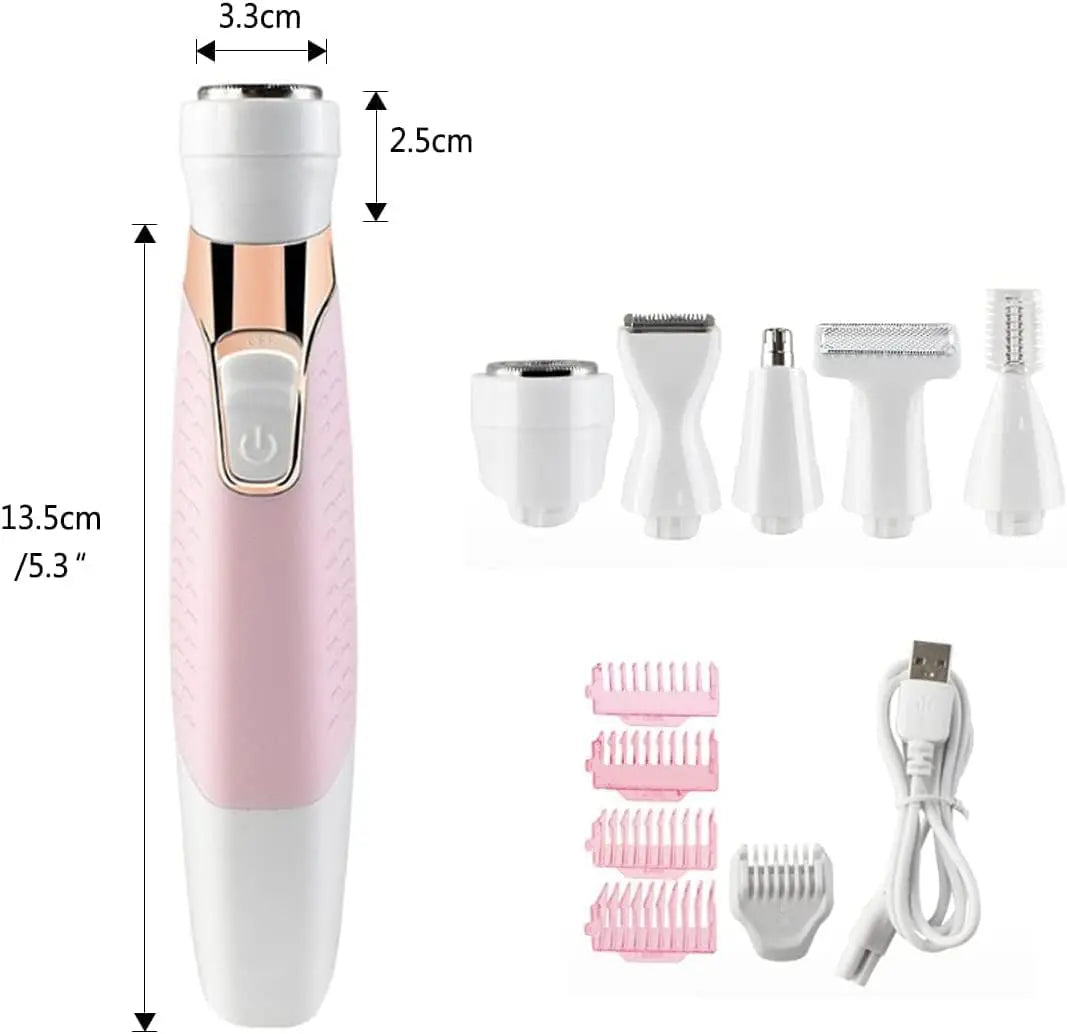 5-in-1 rechargeable pink electric shaver with interchangeable heads and USB cable