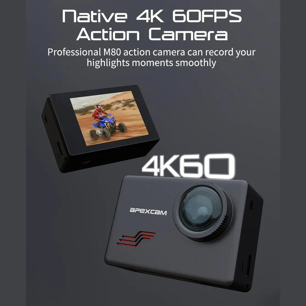 Apexcam M80 native 4K 60FPS action camera with rear LCD display screen