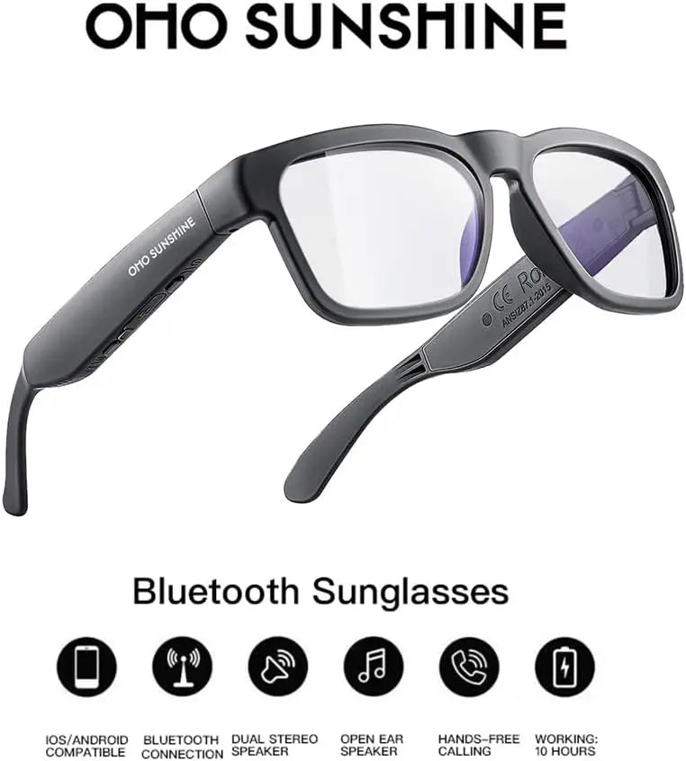 OhO sunshine Smart Glasses,Safety Glasses with Bluetooth Speaker,Indoor/Outdoor UV Protection and Voice Control,Unisex(Blue Light Lens)