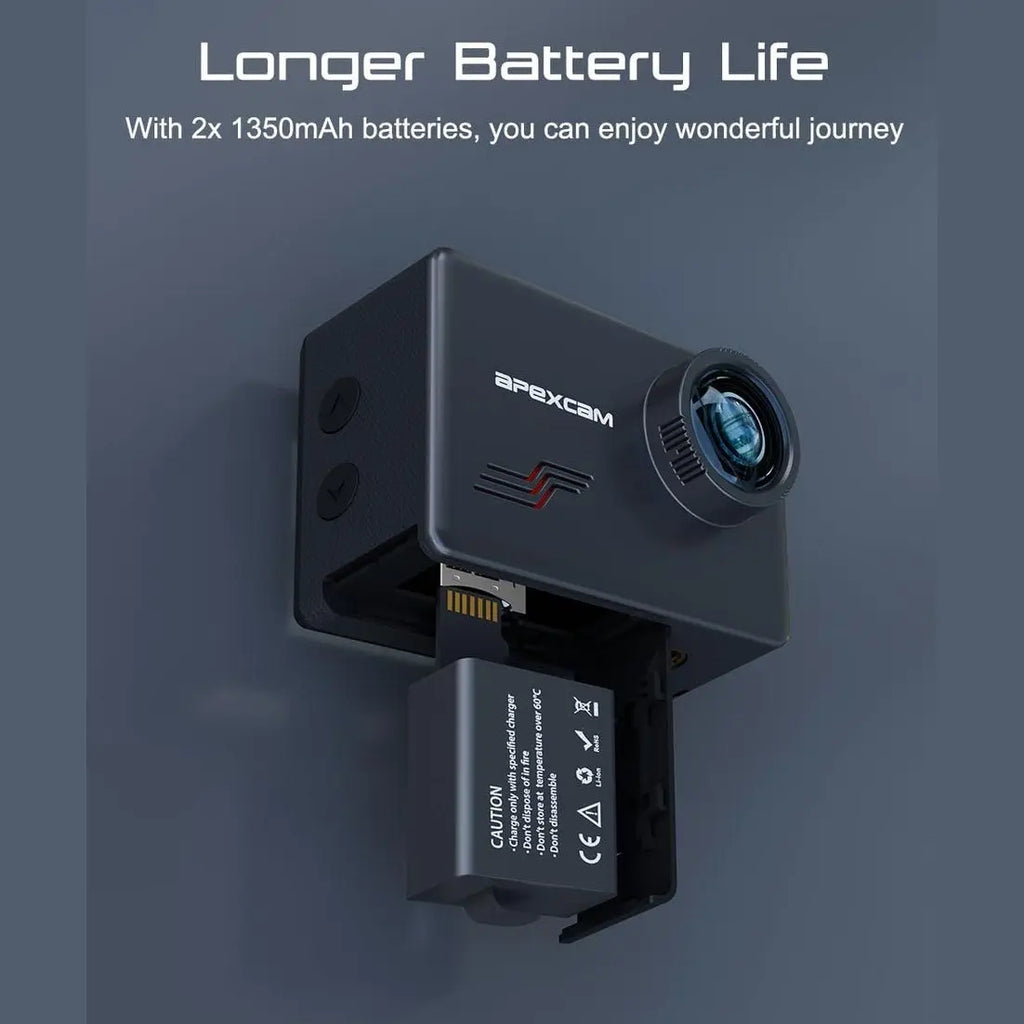 Apexcam M80 action camera with dual 1350mAh batteries for extended recording