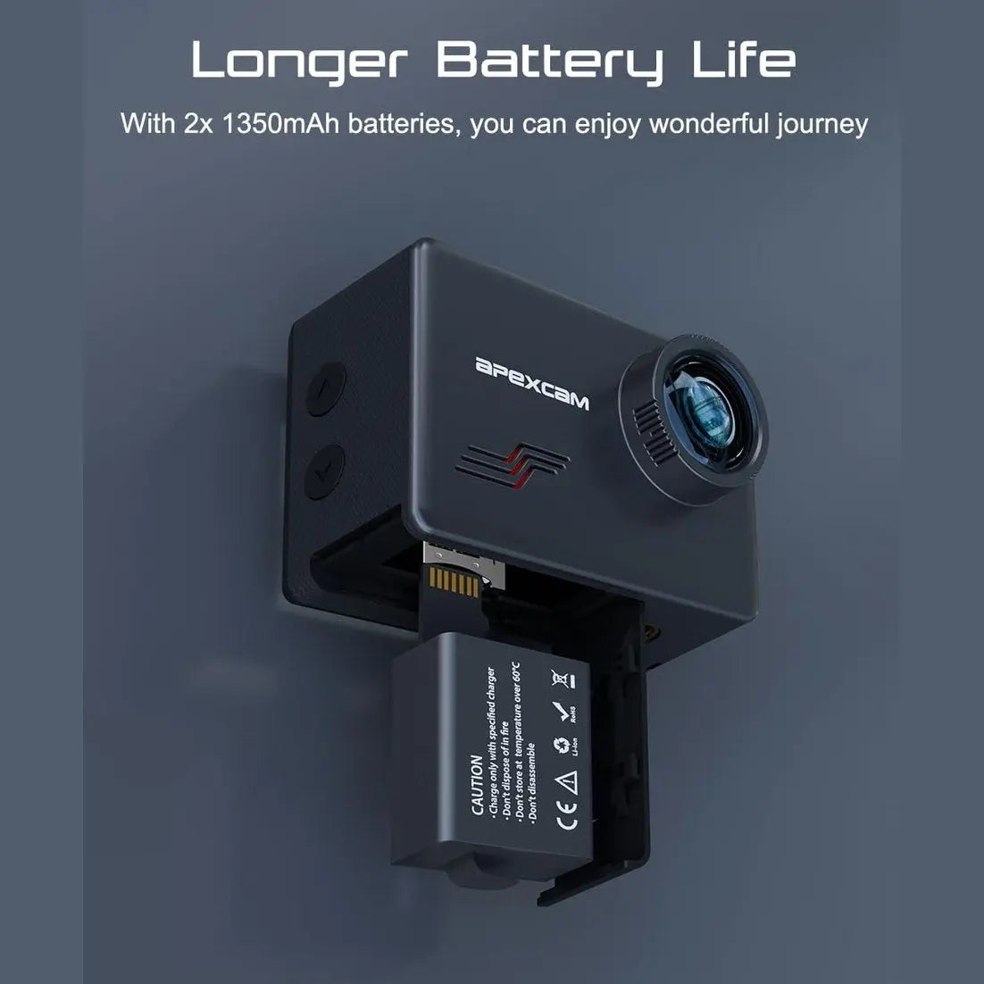 Apexcam M80 action camera with dual 1350mAh batteries for extended recording