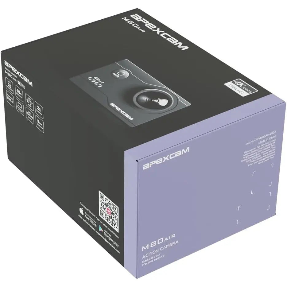 Apexcam 4K 30fps Sports Camera 170° 20MP Underwater Camera 40m, Multiple Shooting Modes with Remote Control, 2 x 1050mAh Batteries and Accessory Bag