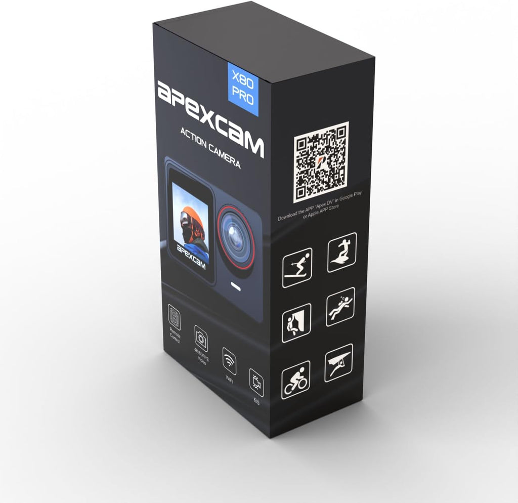 Apexcam X80Pro Double Screen Action Cam 4K60FPS 48MP Ultra HD WiFi Sports Camera Underwater Camera 40 m Waterproof 170° Wide Angle 2.4G Remote Control 2 x 1350 mAh Batteries