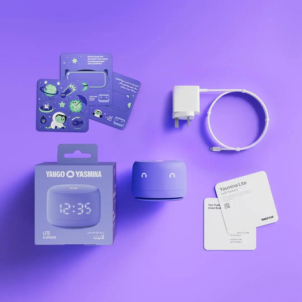 Yango Yasmina Lite smart speaker retail box with charging adapter and educational cards