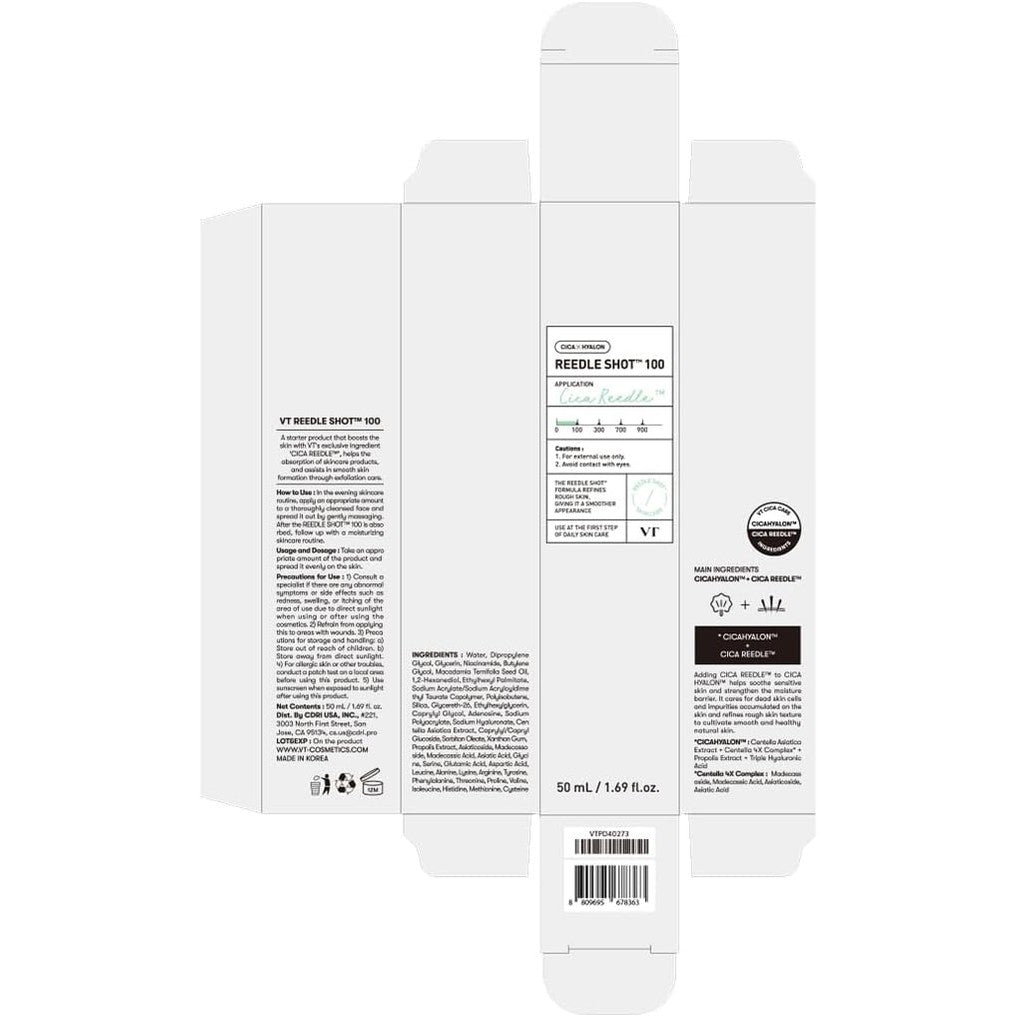 VT COSMETICS CICA Reedle Shot 100, Spicule Microneedling Serum for Pore Care & Exfoliation, Exosome, Centella Asiatica for Glass Skin, Skin Texture, Korean Liquid Skin Booster (1.69 Fl Oz / 50ml)