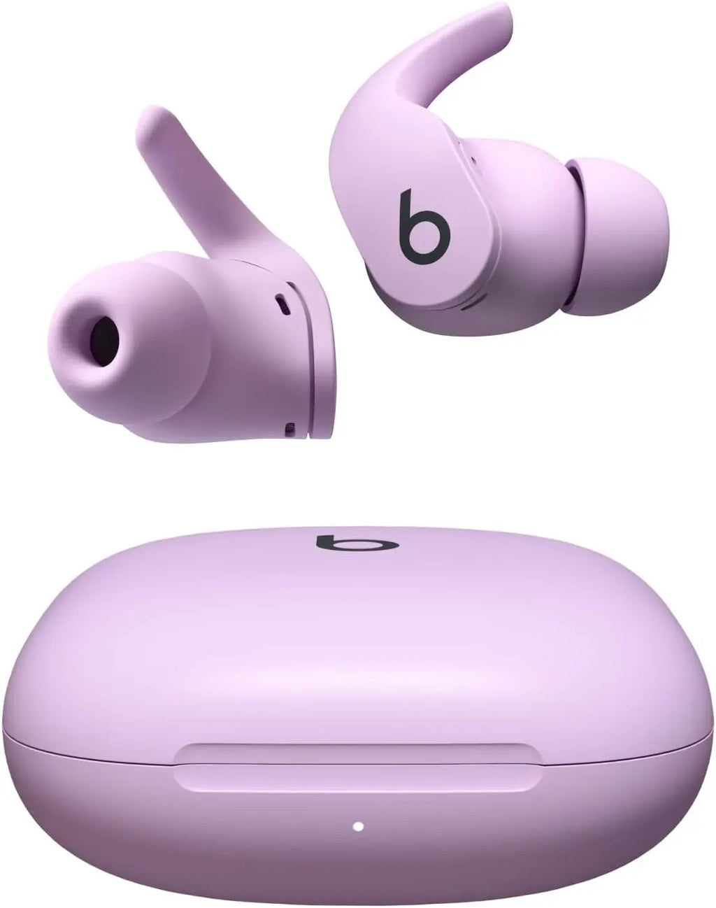 Stone purple Beats Fit Pro earbuds floating over charging case