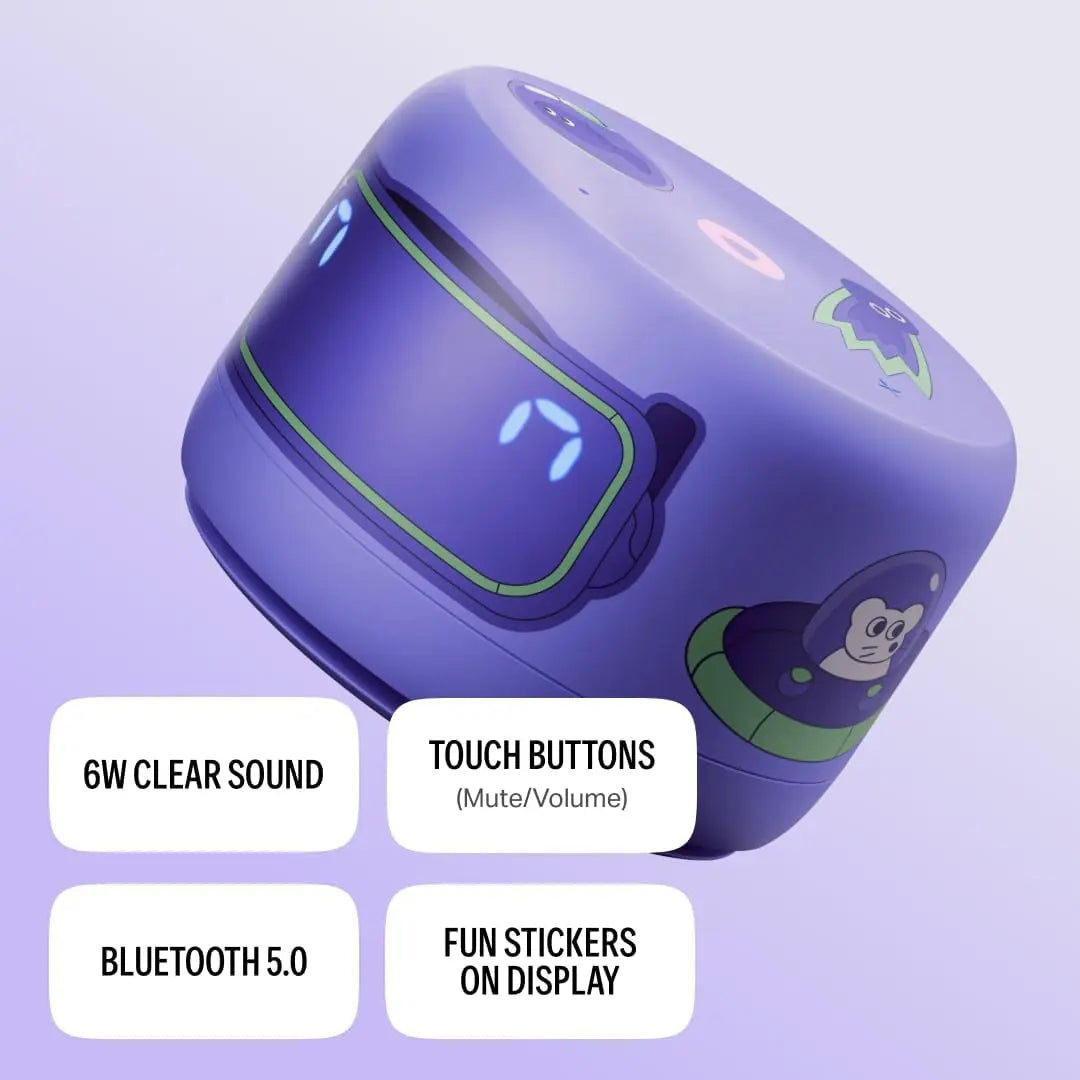 Purple Yasmina Lite smart speaker with monkey sticker and 6W clear sound specs