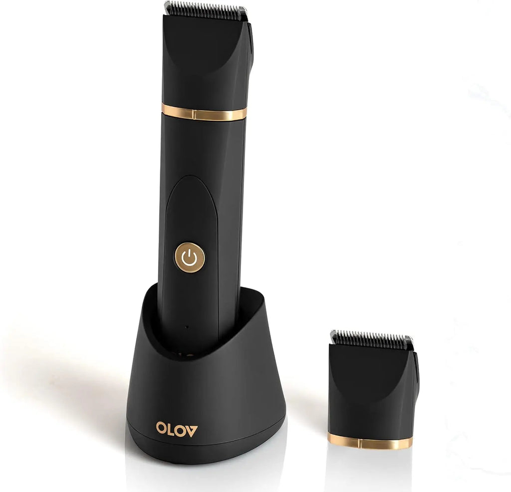 OLOV Electric Body Hair Trimmer for Men - Wet/Dry Body Shaver Groomer with 2 Repalcement Ceramic Blade, USB Recharge Dock & Nosetrimmer Head, Waterproof Male Hygiene Razor