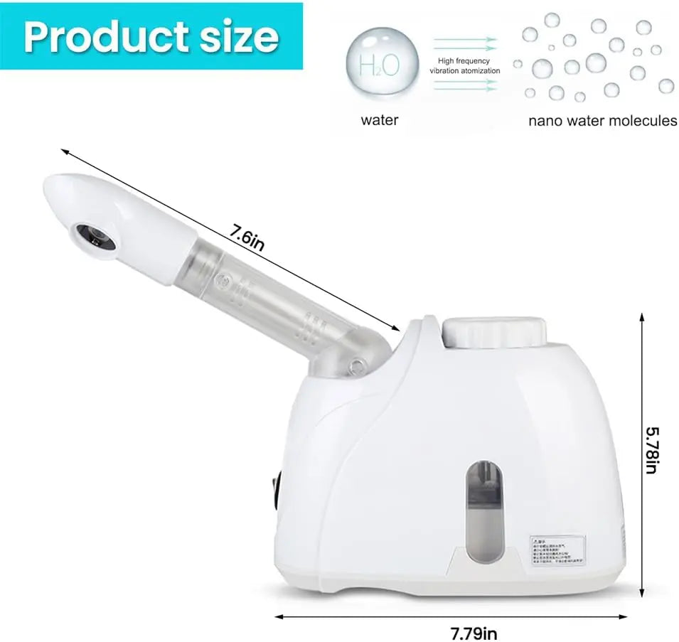 White nano ionic facial steamer size diagram with extendable arm dimensions and water tank capacity
