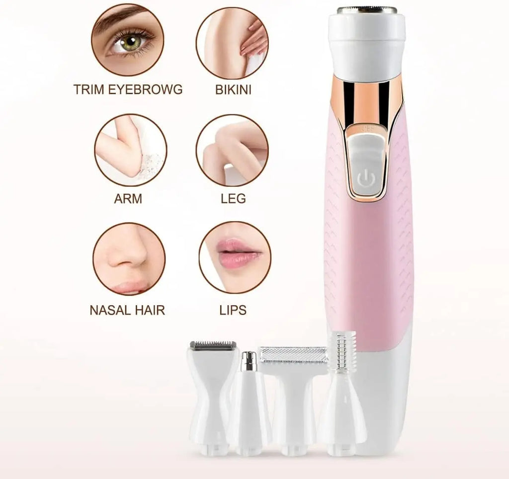 Multi-use pink electric body groomer with six attachment options for face, legs, and nose