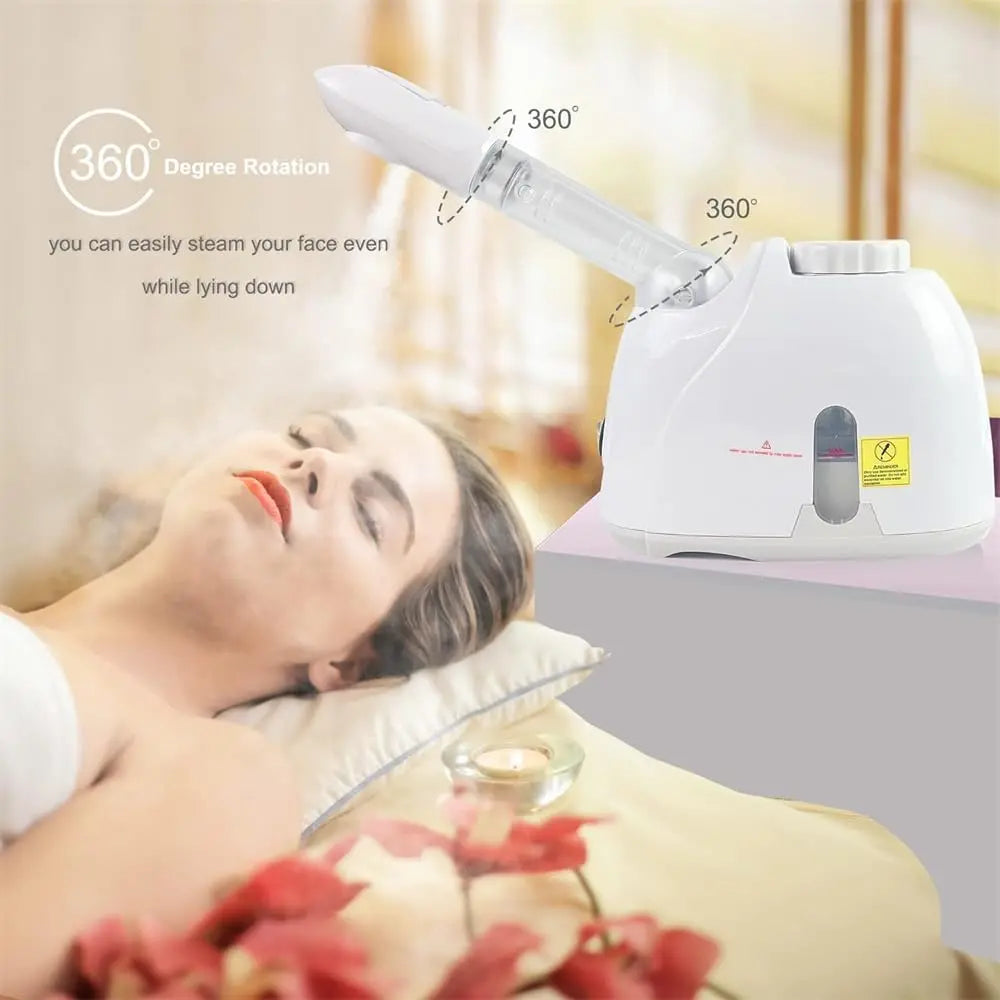 White facial steamer with 360-degree rotating arm allowing use while lying down