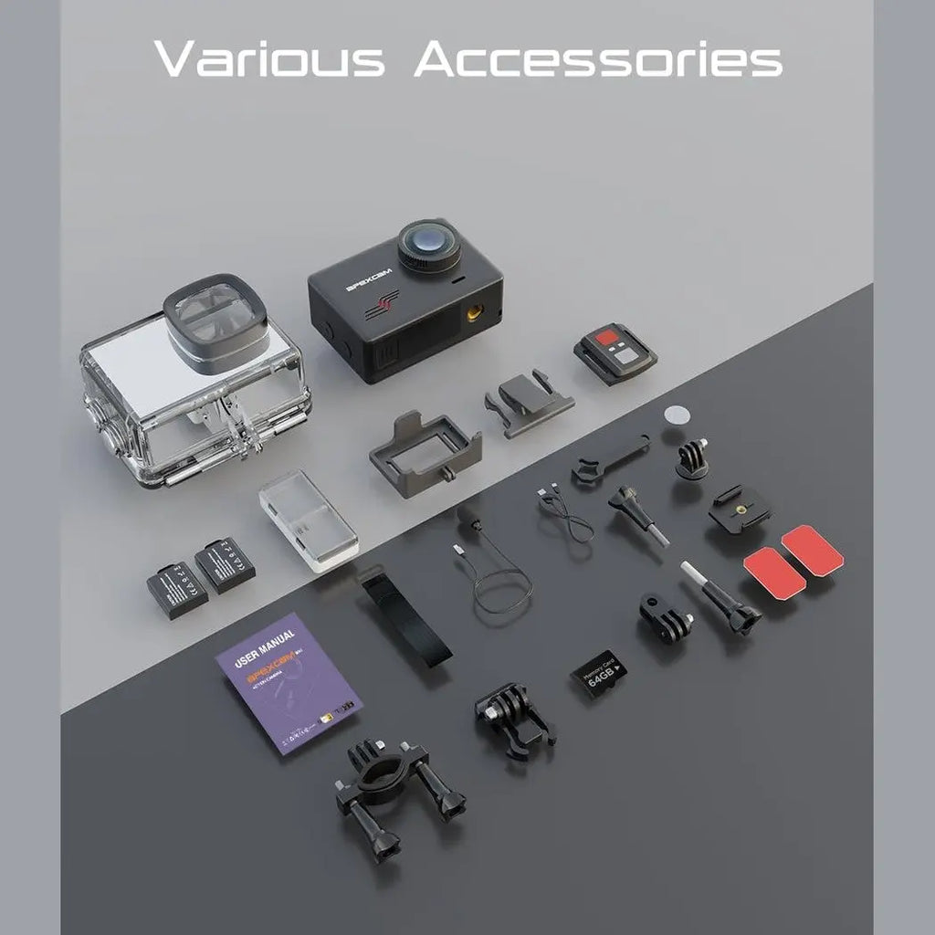 Apexcam M80 action camera kit including mounts, housing, and accessories