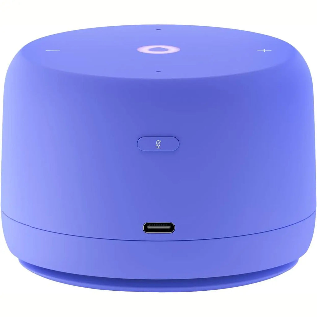 Close-up of purple Yasmina Lite speaker front buttons USB-C port and mute indicator