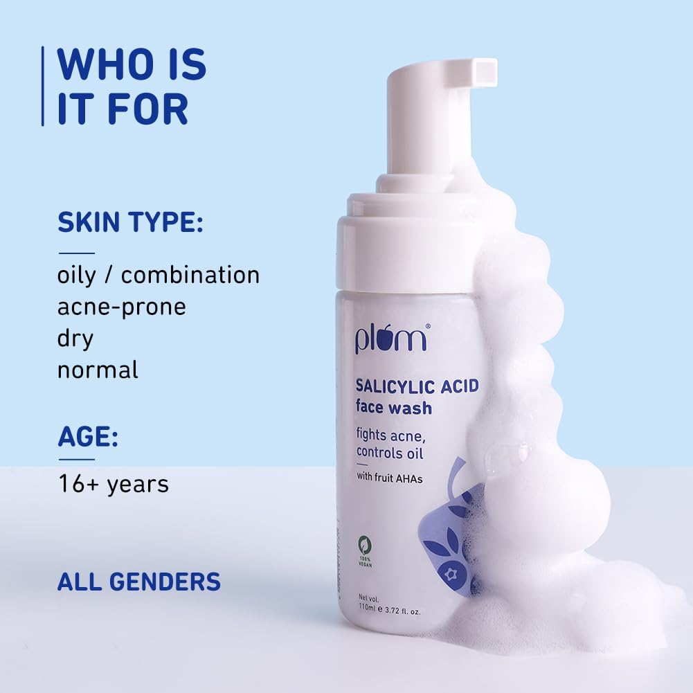 Plum 1% Encapsulated Salicylic Acid Foaming Face Wash|Fights Active Acne,Blackheads&Breakouts|With Glycolic Acid&Fruit Ahas|All Skin Types|Creamy Face Cleanser For Women&Men|100% Vegan|110 Ml