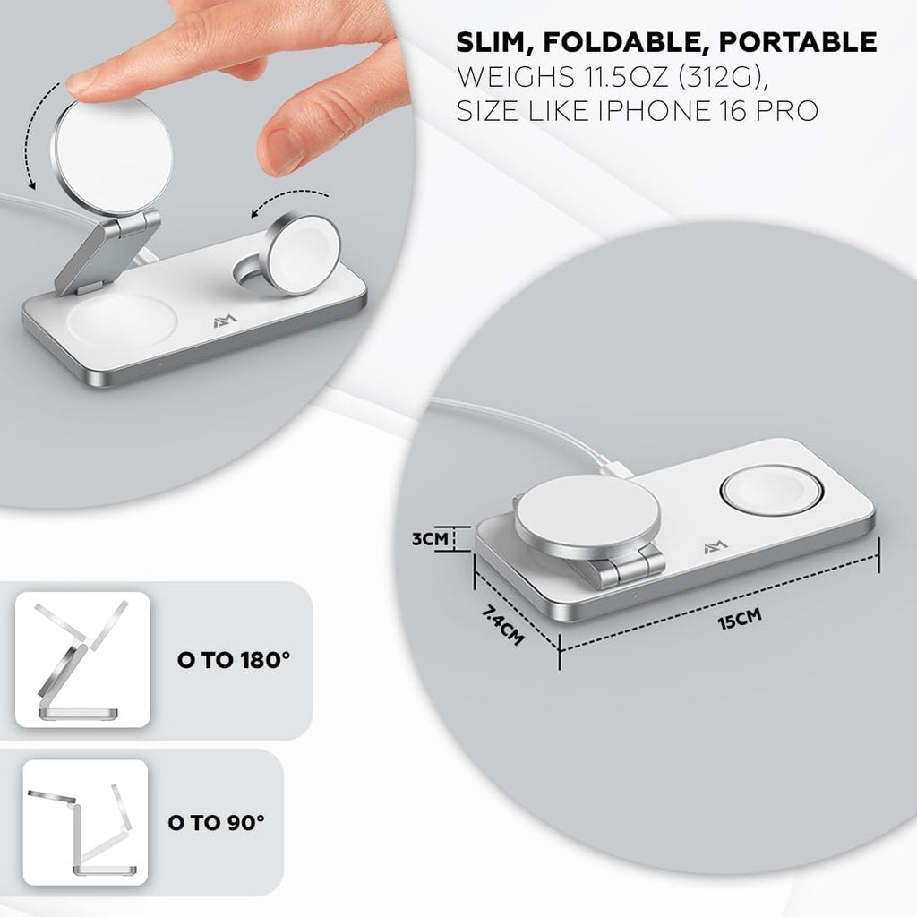 Foldable 3 in 1 Wireless Charging Station for Apple Compatible with Magsafe Charger Stand, Magnetic Wireless Charger Station for iPhone 16 15 14 13 12 Series, Airpods Pro, Apple Watch (White)