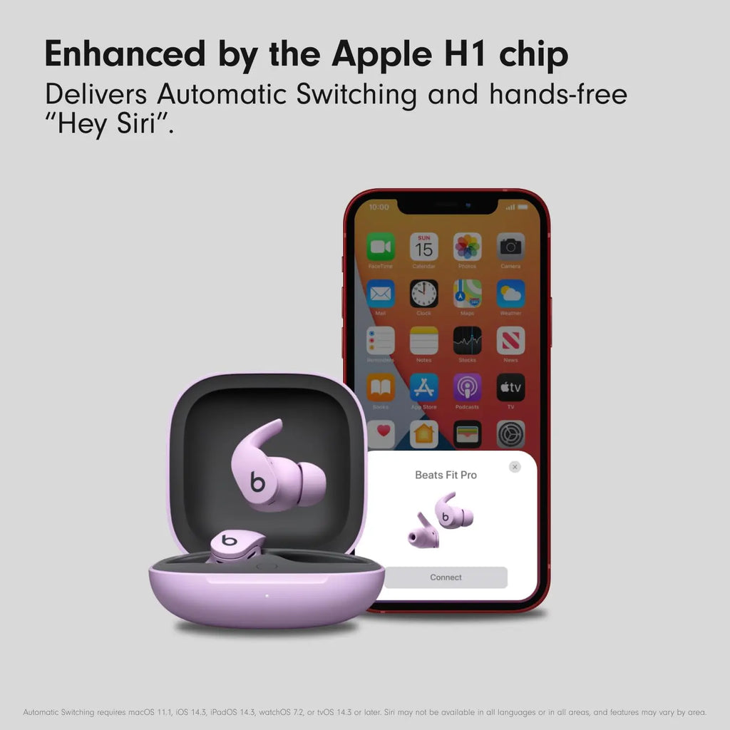 Stone purple Beats Fit Pro case connecting to iPhone via H1 chip