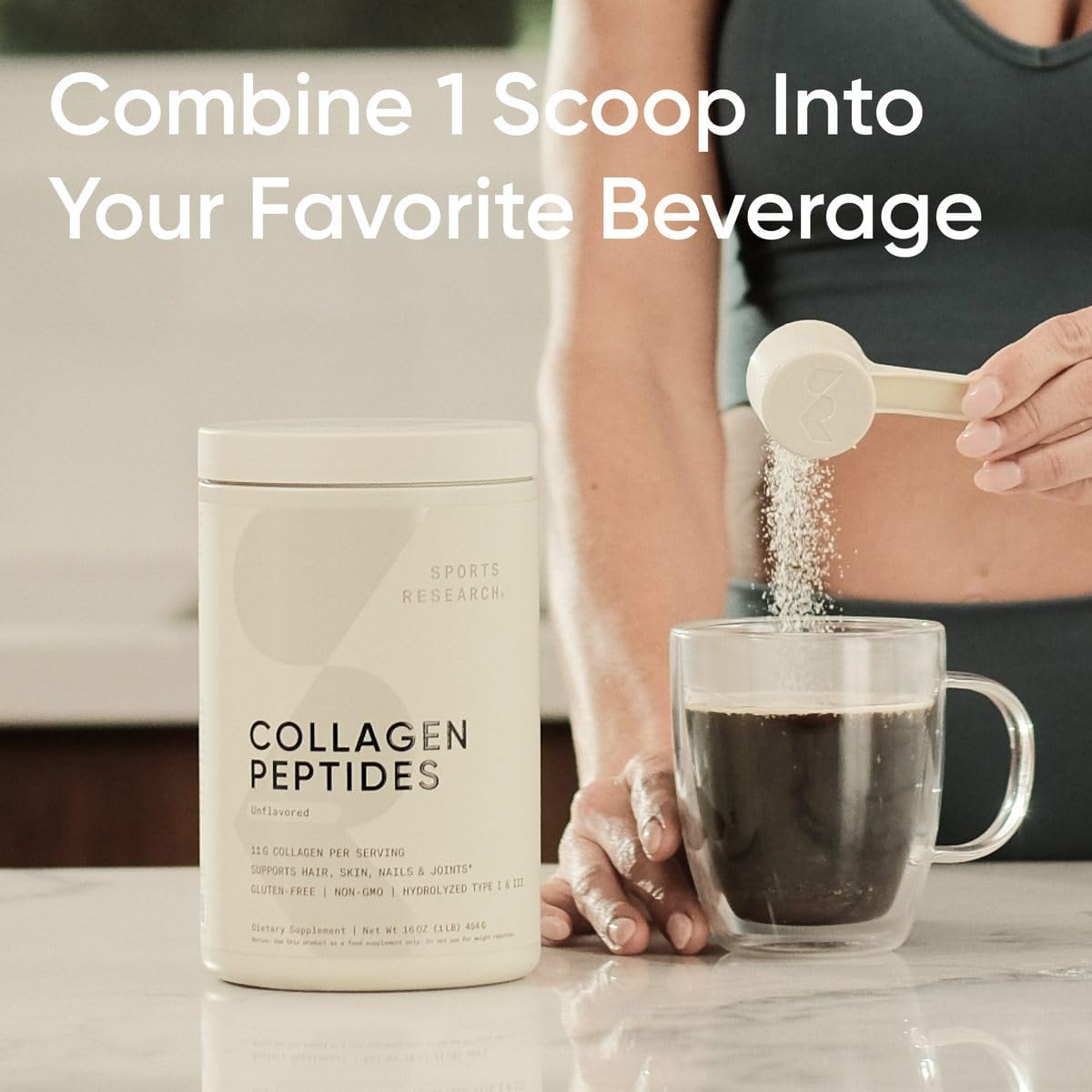 Sports Research Collagen Peptides, Hydrolyzed Type I & III Collagen, Healthy Skin, Hair, Bones & Joints, Unflavored, 110.7 g (3.9oz)