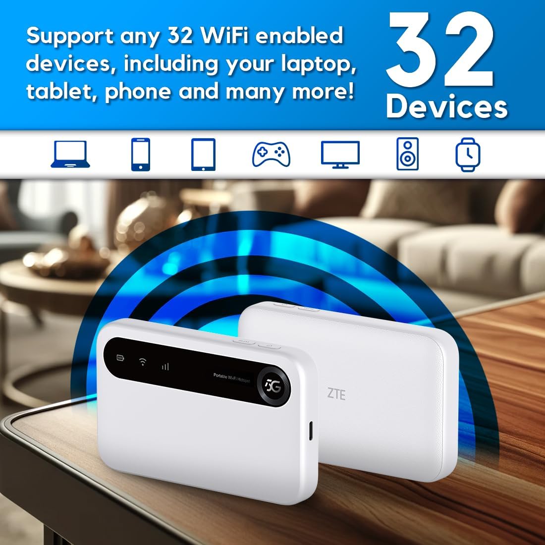 ZTE U50, 5G Portable WiFi Access Point with SIM Slot Unlocked, Low Cost 5G Modem Router for 32 Home/Business Devices, 5G and 4G+, AX1800 WiFi 6, Up to 32 Devices
