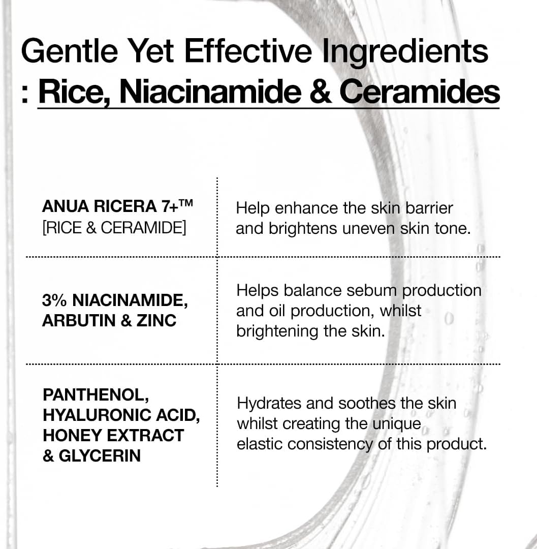 ANUA Rice Ceramide 7 Hydrating Barrier Serum, Brightening, Hydrating Serum for Face, Rice, Hyaluronic Acid, Niacinamide, Fragrance-free, Non comodogenic, Glass Skin, Korean Skin Care, 50ml/1.69fl.oz.