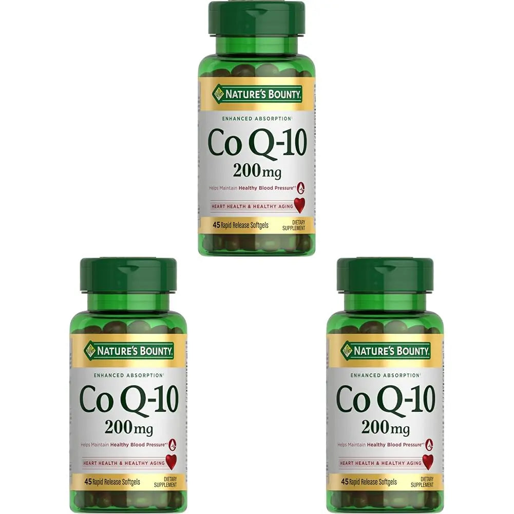 Nature's Bounty Co Q-10 200mg 45 count softgel bottles triangular arrangement