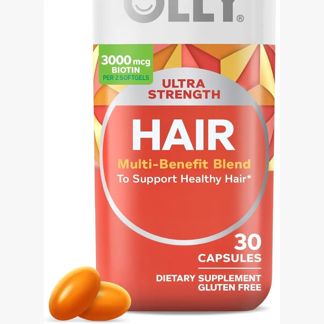 Single bottle of OLLY Ultra Strength Hair Softgels with orange softgels and red label