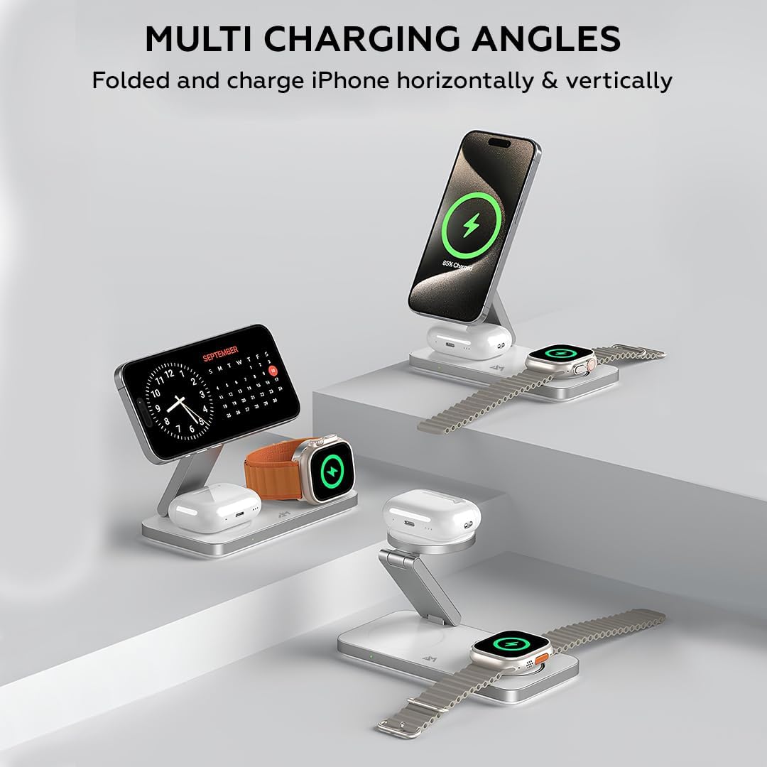 Foldable 3 in 1 Wireless Charging Station for Apple Compatible with Magsafe Charger Stand, Magnetic Wireless Charger Station for iPhone 16 15 14 13 12 Series, Airpods Pro, Apple Watch (White)