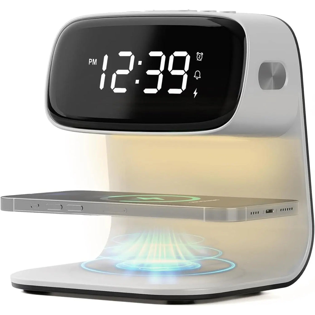 YIDPU Digital Alarm Clock with Wireless Fast Charging Station 15W Touch Smart Lamp for Bedside,3 Colors Nightlight Adjustment Night Lamp for Living Room,Bedside,Heavy Sleepers (White+Cable&Adapter)