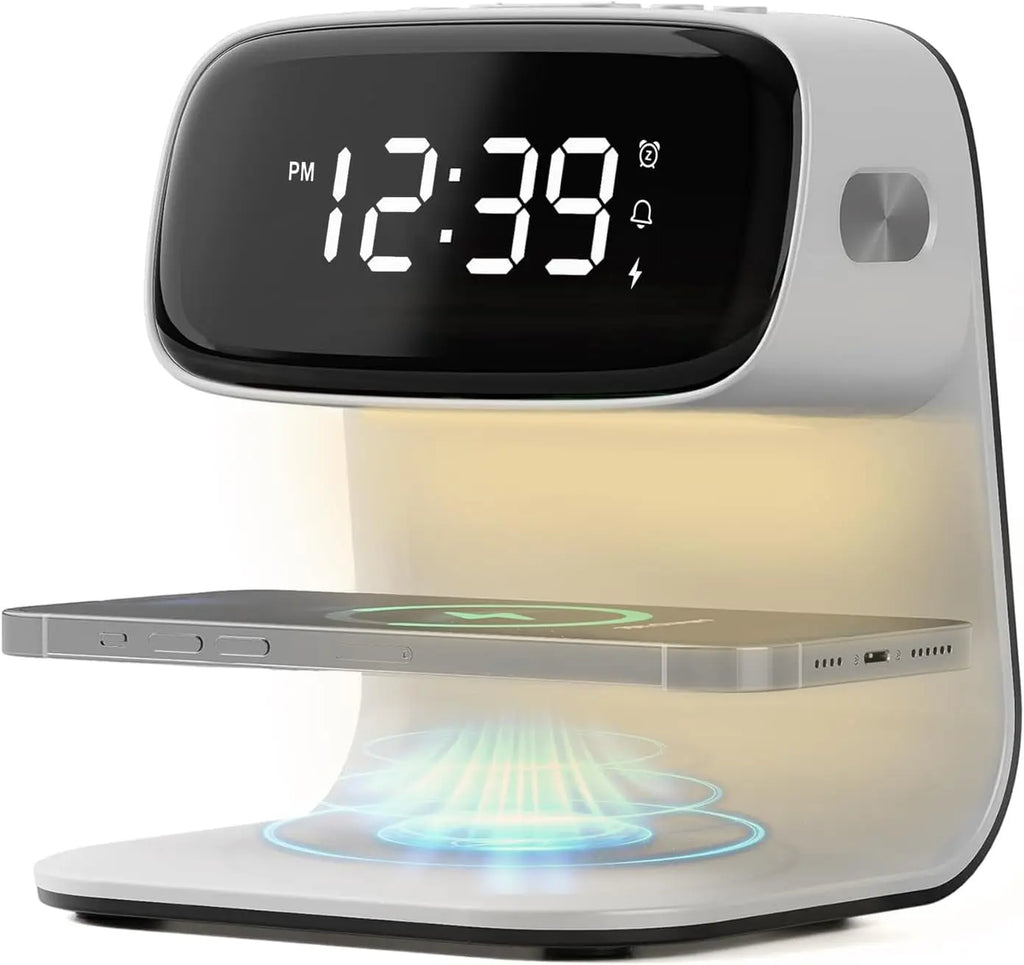 YIDPU Digital Alarm Clock with Wireless Fast Charging Station 15W Touch Smart Lamp for Bedside,3 Colors Nightlight Adjustment Night Lamp for Living Room,Bedside,Heavy Sleepers (White+Cable&Adapter)