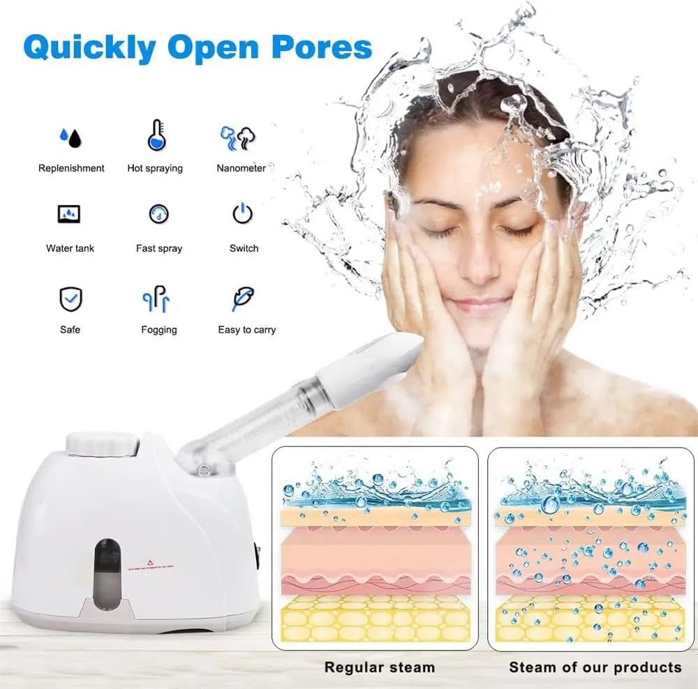 White nano facial steamer quickly opening pores for deeper hydration and fast spray delivery