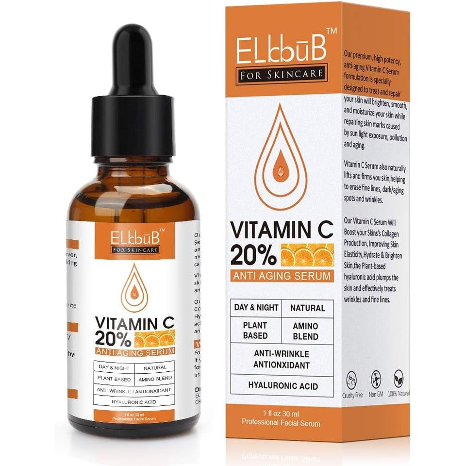 ELBBUB Premium 20% Vitamin C Serum For Face with Hyaluronic Acid, Retinol & Amino Acids - Boost Skin Collagen, Brighten Hydrate & Plump Skin, Anti Aging & Wrinkle Facial Serum