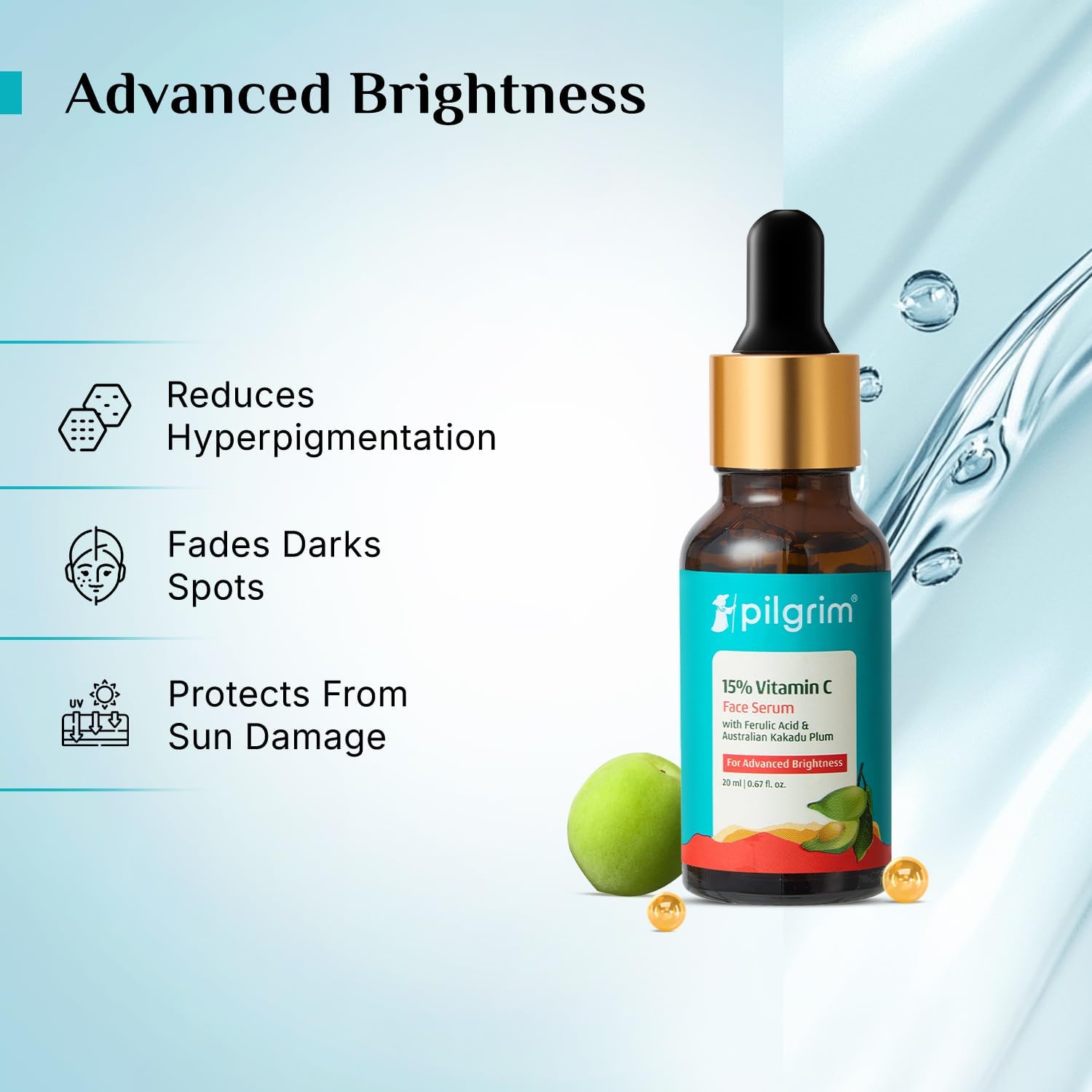 Pilgrim 15% Vitamin C Face Serum For Glowing Skin 20ml | Serum with Vit C, Ferulic acid, and Vit E | Reduces Dark Spots & Evens Skin Tone | Fragrance Free | For Men and Women | All Skin Types