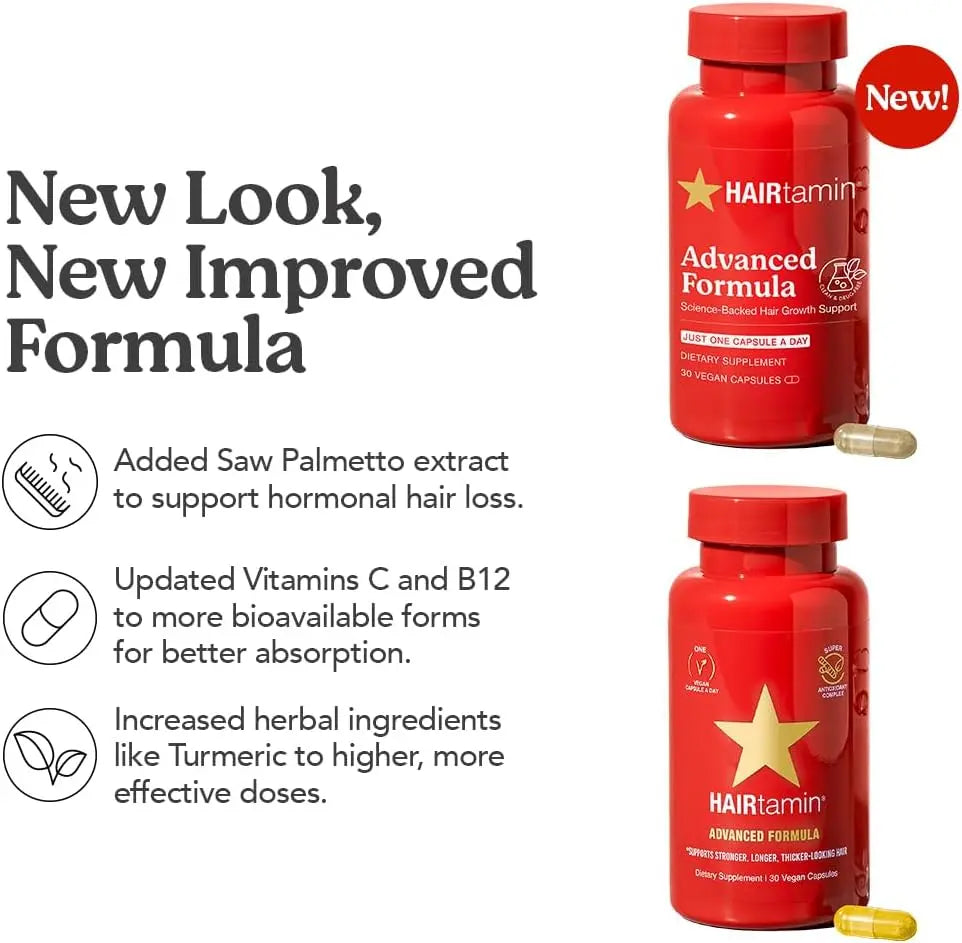 New improved HAIRtamin formula with updated ingredients like saw palmetto and vitamin C