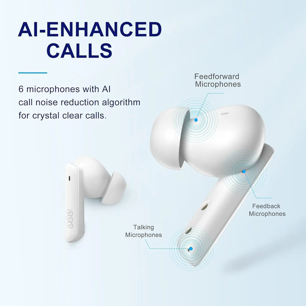 QCY Bluetooth Headphones, HT05 Noise Cancelling Headphones, Wireless, Hybrid Active Noise Cancelling In-Ear Earphones, 6 Microphones, 36H Battery, Transparent Mode, White