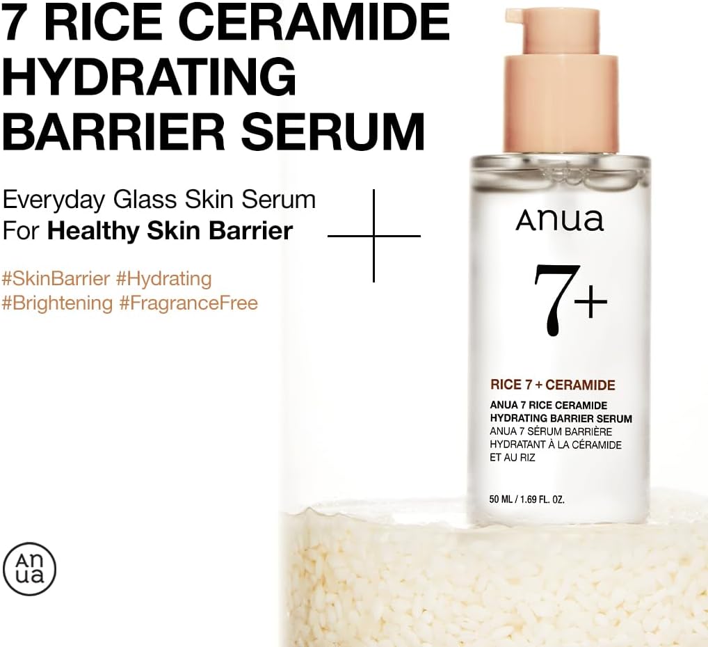 ANUA Rice Ceramide 7 Hydrating Barrier Serum, Brightening, Hydrating Serum for Face, Rice, Hyaluronic Acid, Niacinamide, Fragrance-free, Non comodogenic, Glass Skin, Korean Skin Care, 50ml/1.69fl.oz.