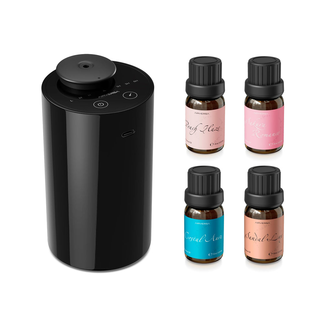 Airversa Waterless Essential Oil Diffuser Starter Kit with 4 x 10mL Fragrance Scent Oil, Battery Operated Mini Scent Air Machine Portable Diffuser for Home Car Office, AN6 White Kit01