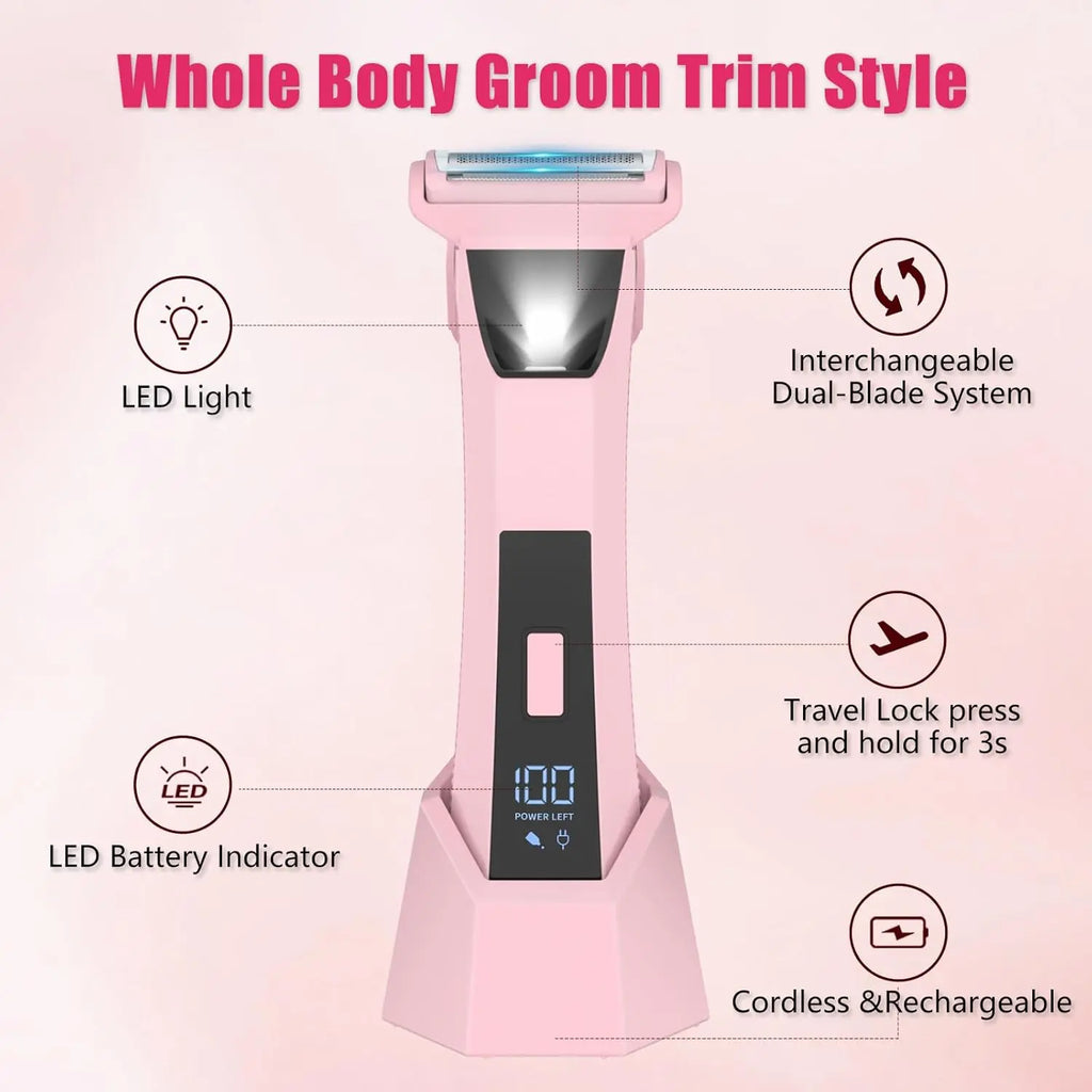 2-in-1 Bikini Trimmer for Women - Electric Razor & Pubic Hair Shaver with LED Light & Display, IPX7 Waterproof, USB-C Fast Charge, Travel Lock, Ceramic Blades for Body/Underarm/Leg, Painless Grooming