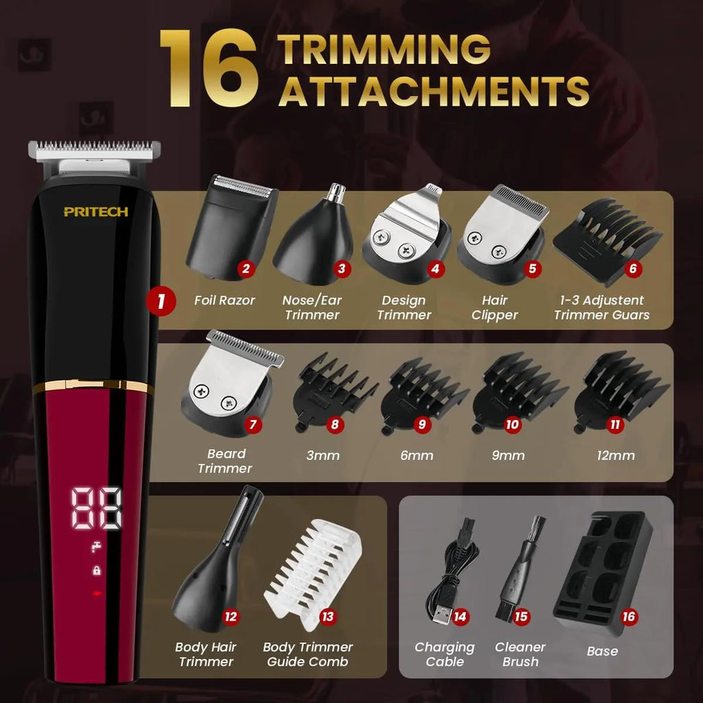 Red PRITECH beard trimmer with 16 trimming attachments and LED display