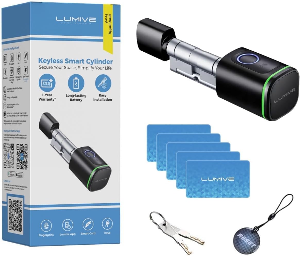 Lumive Smart Door Lock, Fingerprint Door Lock, Bluetooth App Unlock,2 Keys,2 RFID Cards,Fixed Cylinder, Black [Battery Included] (60mm Smart Cylinder)