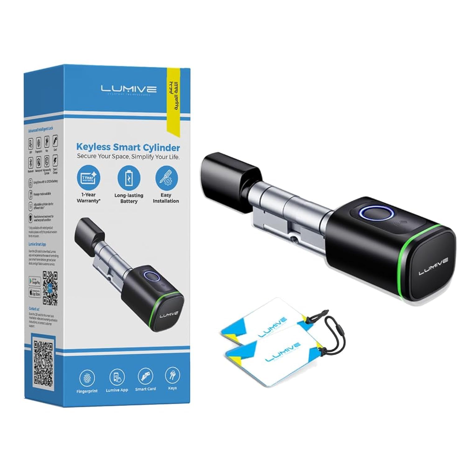 Lumive Smart Door Lock, Fingerprint Door Lock, Bluetooth App Unlock,2 Keys,2 RFID Cards,Fixed Cylinder, Black [Battery Included] (60mm Smart Cylinder)