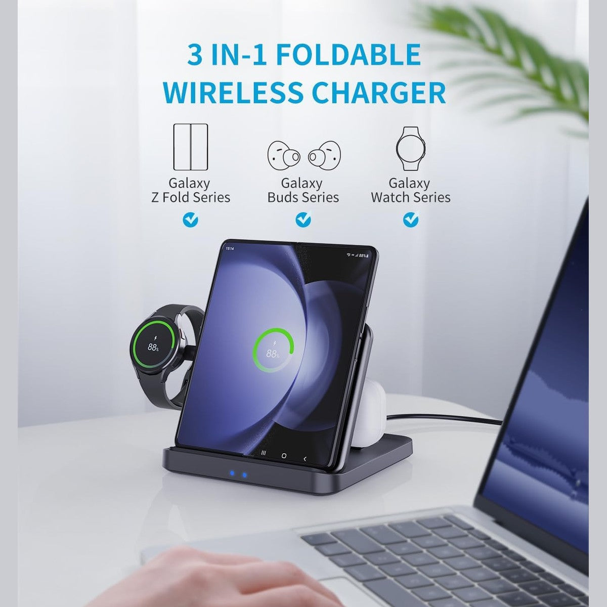 JOYVEVA for Samsung Z Fold 5 Wireless Charger Station, 3 in 1 Foldable Fast Charging Stand Dock for Galaxy Z Fold 4/3, Z Flip 5/4/3, S23/S22, Note20/10 Ultra, Watch 6/5/Pro/4/3, Earbuds 2/2 Pro/Live