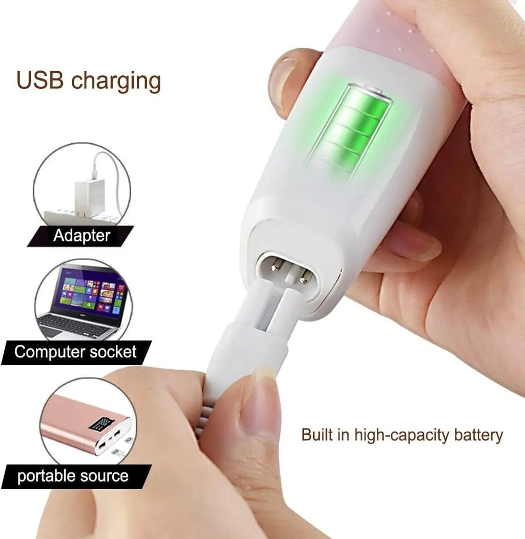 USB rechargeable pink electric shaver showing battery charging status and power options