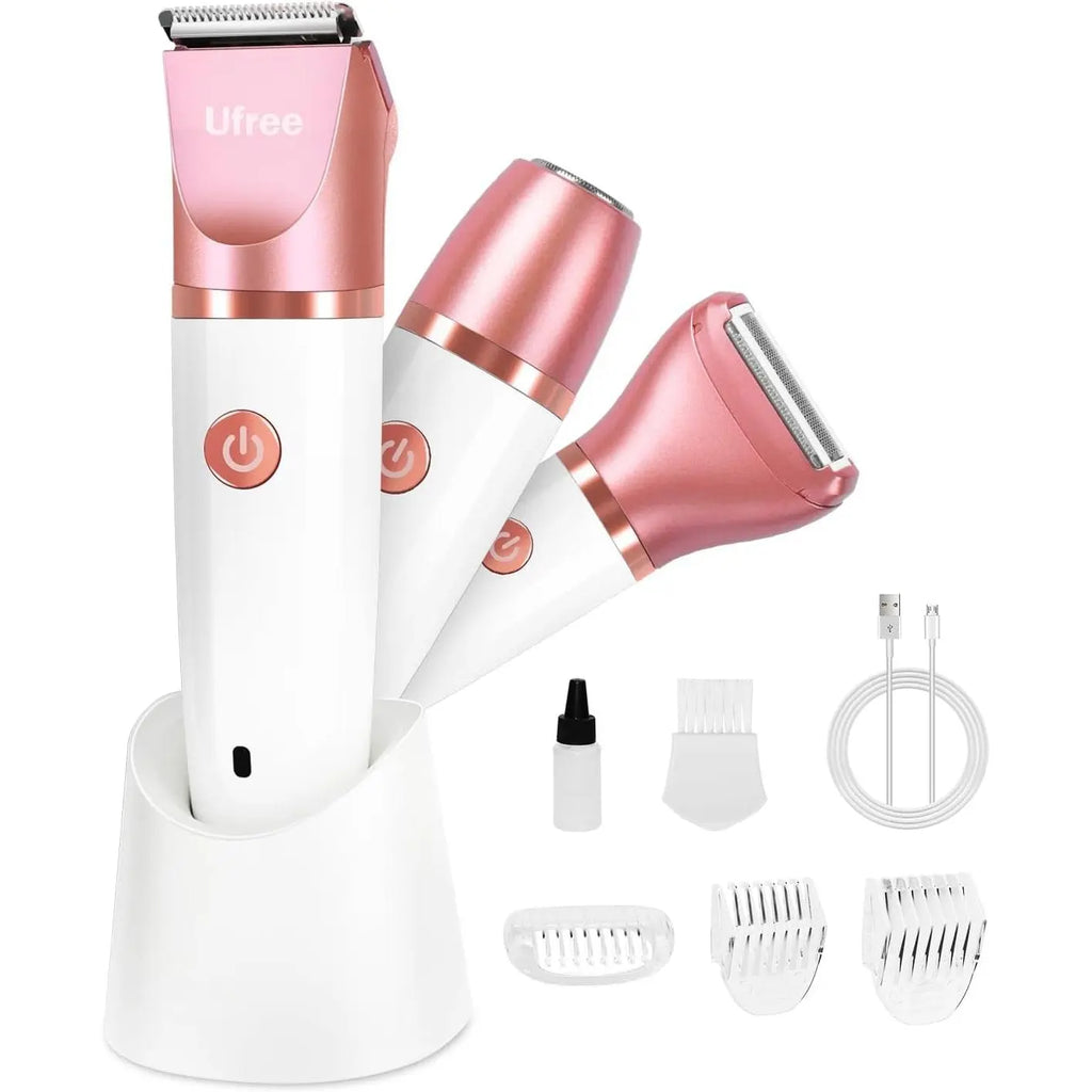 Ufree Bikini Trimmer for Women, Electric Razors Shaver for Face Body Pubic, Wet & Dry Use Grooming Kit, Gentle Hair Removal, 3 in 1 Waterproof and Cordless Hair Trimmer, USB Recharge, Gold