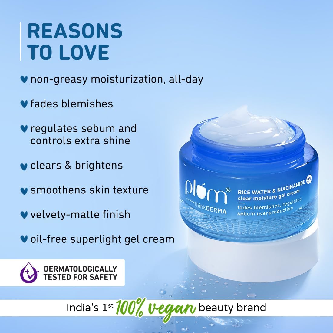 Plum 2% Niacinamide & Rice Water Super Light Gel Cream Moisturizer for Face | Oil-Free Hydration | Brightens, Fades Blemishes | Dermat-Tested | All Skin Types | Women & Men | 100% Vegan | 50 g