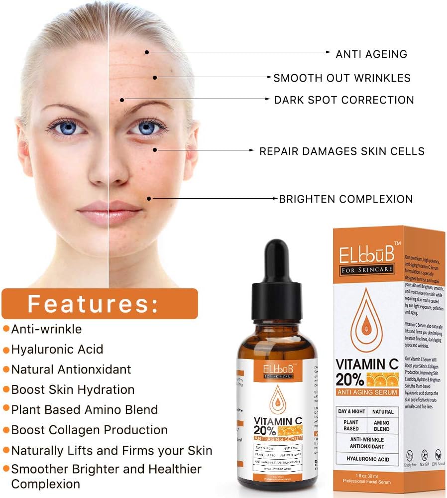 ELBBUB Premium 20% Vitamin C Serum For Face with Hyaluronic Acid, Retinol & Amino Acids - Boost Skin Collagen, Brighten Hydrate & Plump Skin, Anti Aging & Wrinkle Facial Serum