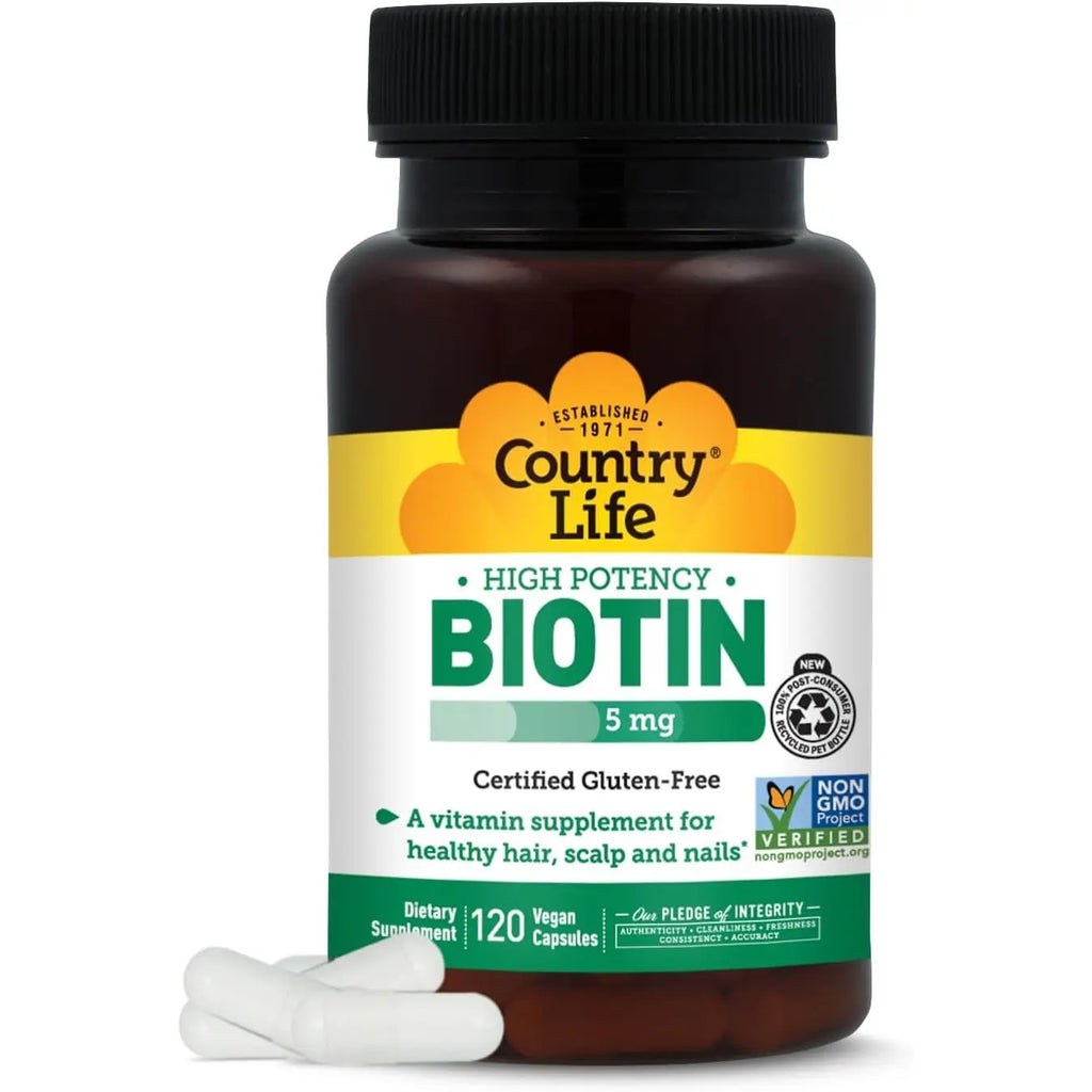 Country Life Biotin 5mg 120 count vegan capsules for healthy hair scalp and nails